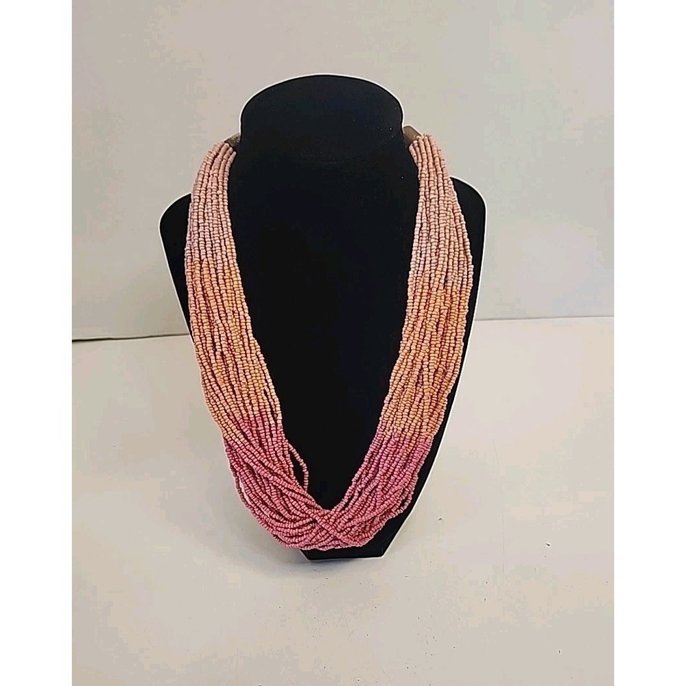 Bohemian-Style Multi-strand Seed Bead Statement Necklace Mauve Orange & Pink
